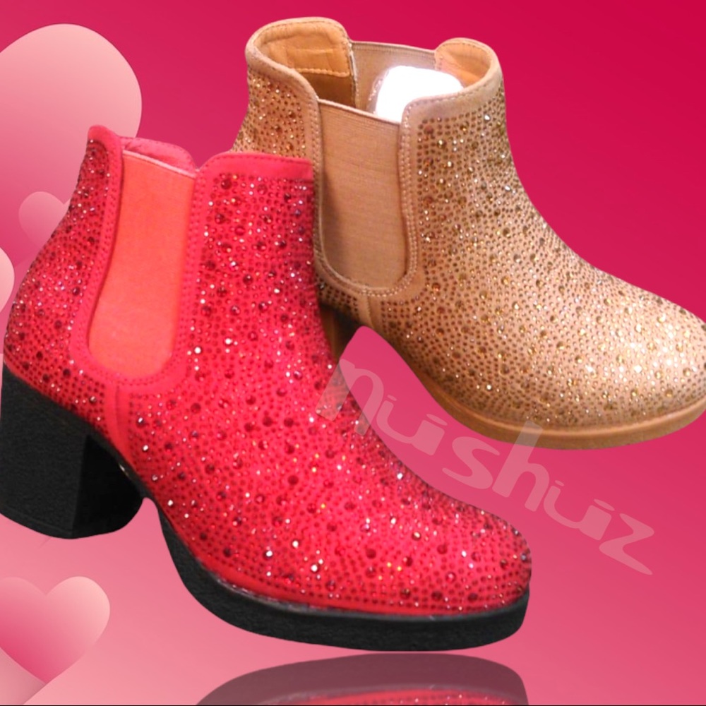 Christmas Holiday Red Rhinestone Metallic Embellished Slip On Chelsea Bootie - Picture 2 of 8